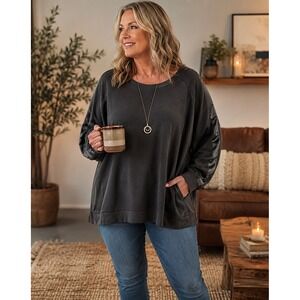 Thread for Thought Womens 2X Blackn Sweatshirt Satin Stripe Detail Long Sleeve